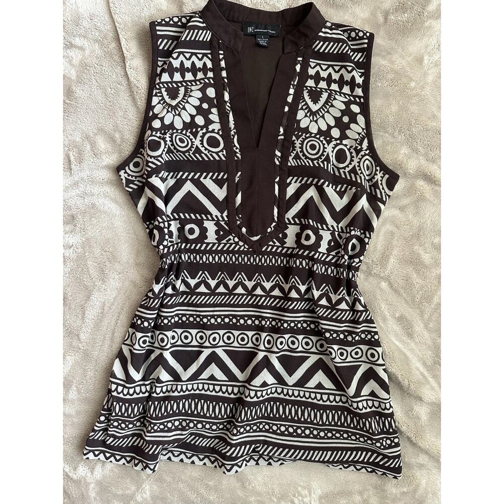 Y2K INC Brown & Cream Tribal Print V Neck Sleeveless Top (L)
